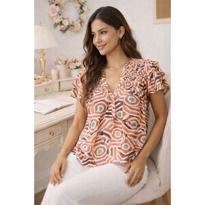 Maeve Anthropologie Blouse Womens Large Geometric Abstract‎ Ruffle V-Neck Top